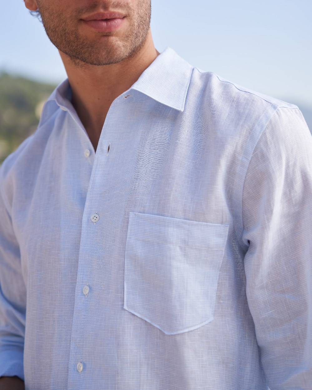 Manebí Linen Panama Shirt - Embroidered Palm White And Blue Mini Pied De Poule Shopping Online