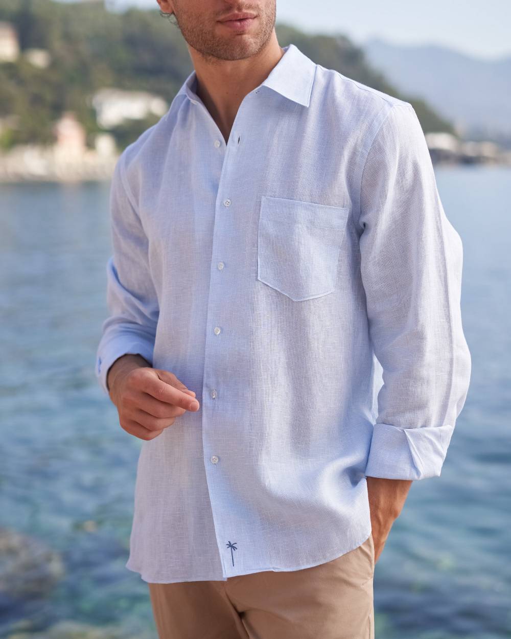 Manebí Linen Panama Shirt - Embroidered Palm White And Blue Mini Pied De Poule Shopping Online