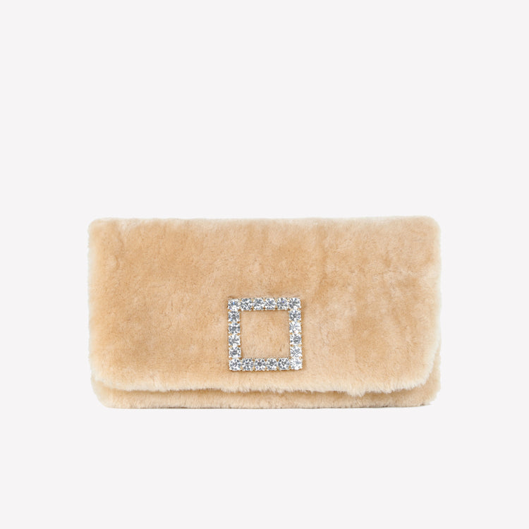 Roberto Festa BORSA CLUTCH IN MONTONE EFFETTO VISONE MIELE CON FIBBIA QUADRA COLOR GOLD CON CRISTALLI CAPRILUX Nuovo