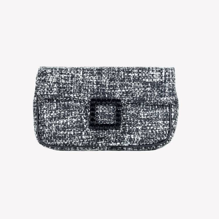 Roberto Festa BORSA A SPALLA IN TESSUTO CHICCO DI RISO BIANCO NERO CON ACCESSORIO FIBBIA QUADRA CON CRISTALLI LUNETTE Vendita