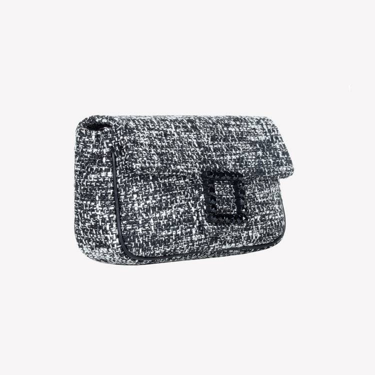 Roberto Festa BORSA A SPALLA IN TESSUTO CHICCO DI RISO BIANCO NERO CON ACCESSORIO FIBBIA QUADRA CON CRISTALLI LUNETTE Vendita