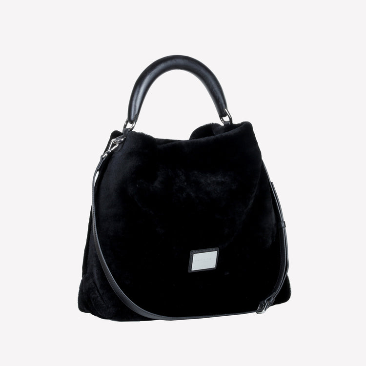 Roberto Festa BORSA A SPALLA IN MONTONE EFFETTO VISONE COLOR NERO CON MANICO IN LEGNO NERO BIANCA Affare Del Giorno
