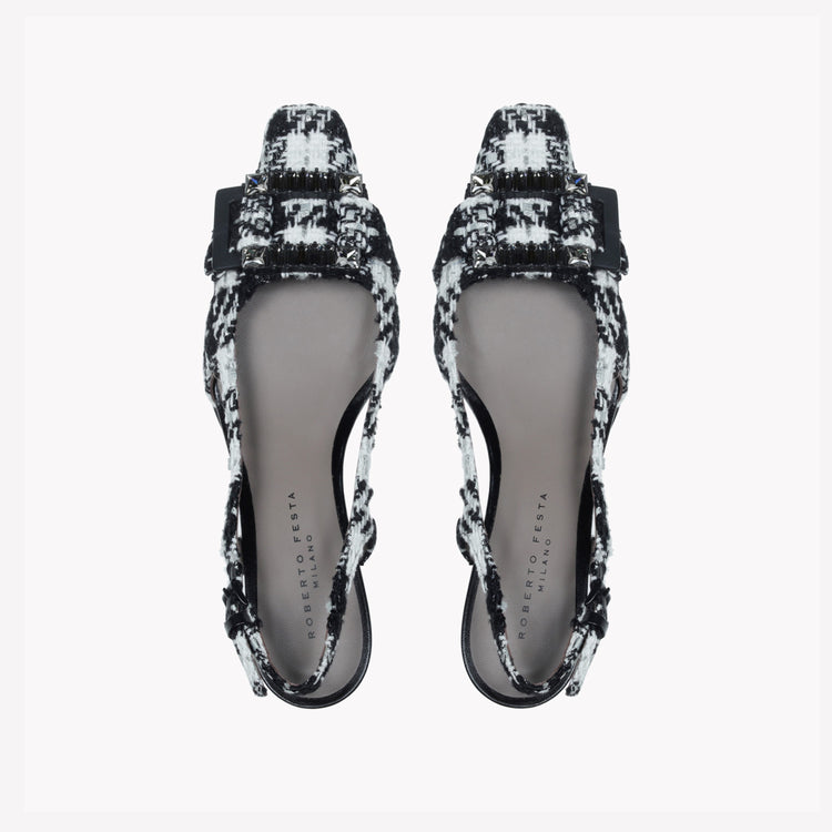 Roberto Festa SLINGBACK IN TWEED CON FIBBIA CRISTALLI BAGUETTE ATENA Acquista Ora