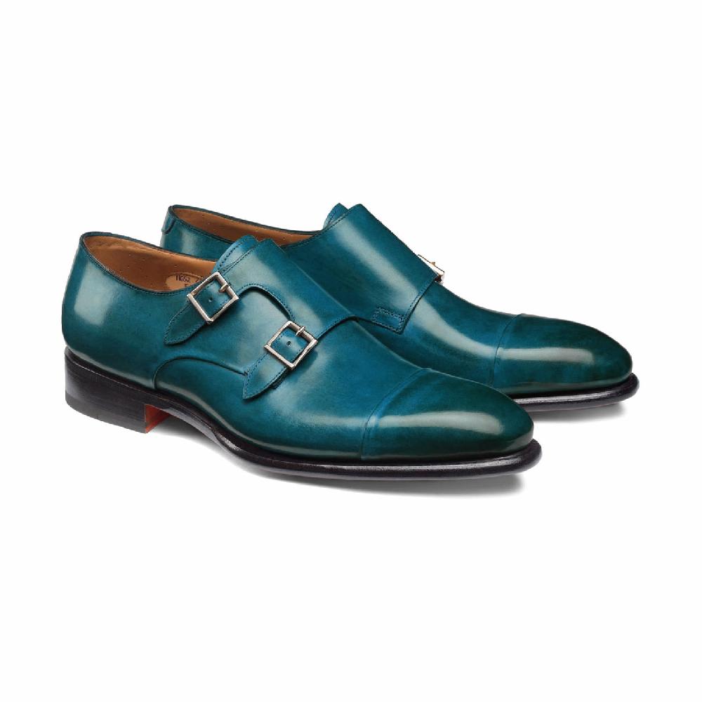 Santoni Doppia fibbia da uomo in pelle turchese Negozio