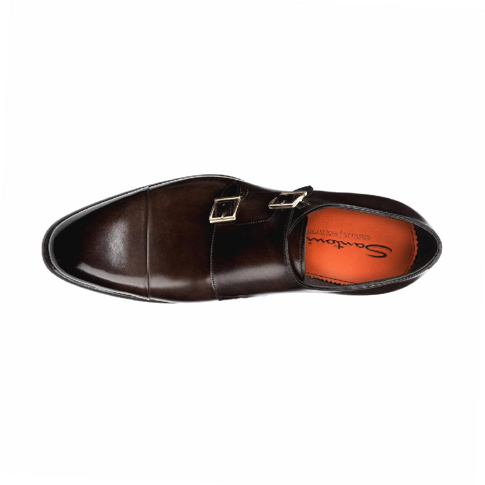Santoni Doppia fibbia da uomo in pelle marrone testa di moro Spedizione Gratuita