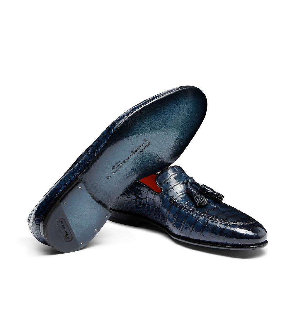 Santoni Mocassino con nappe da uomo in alligatore blu Soddisfazione Garantita