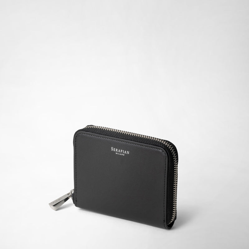 Serapian Small zip-around wallet in seta leather black Ritorno libero