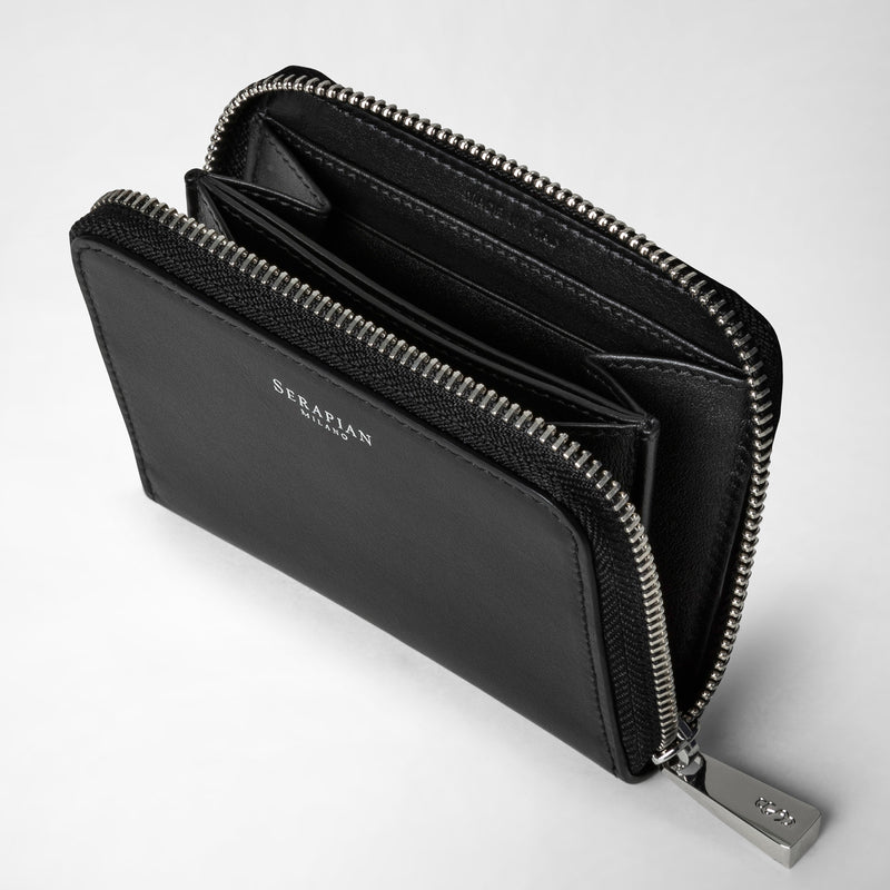 Serapian Small zip-around wallet in seta leather black Ritorno libero