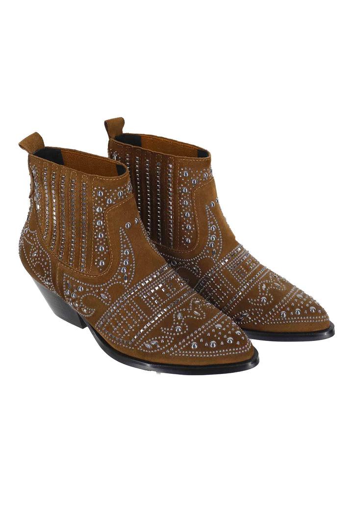 Spatarella Stivaletti texani donna in camoscio cuoio con borchie e tacco basso Soho Promozione