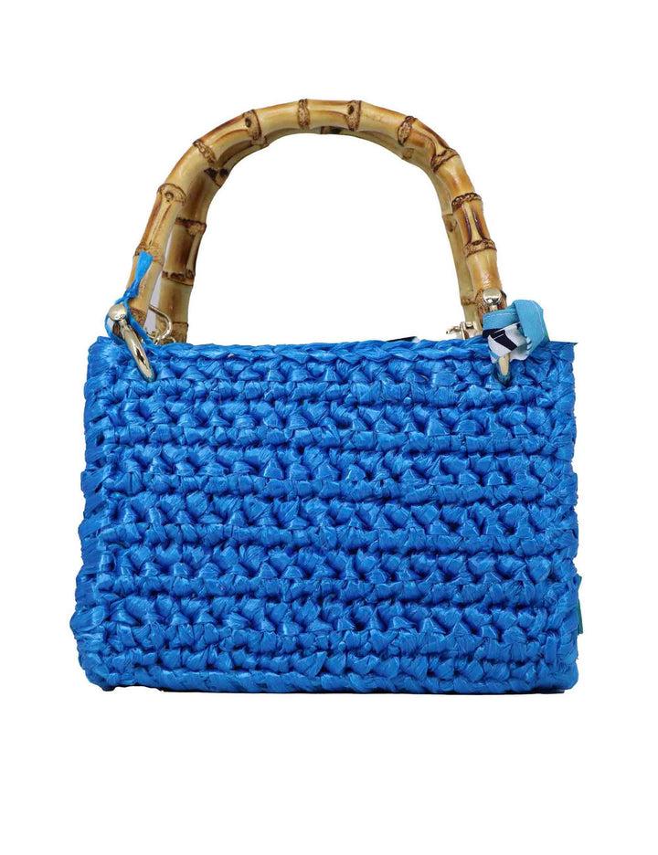 Spatarella Borse donna a tracolla in rafia azzurra con manici in bambu e tracolla in catena oro Shopping Online