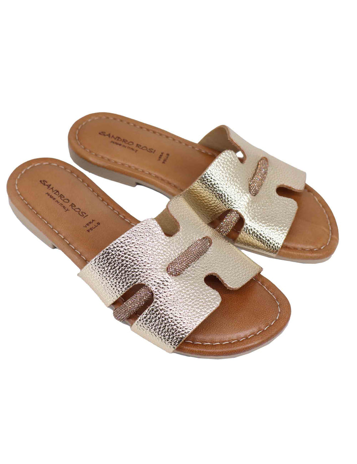 Spatarella Sandali flat donna in pelle laminata platino con stass Economico