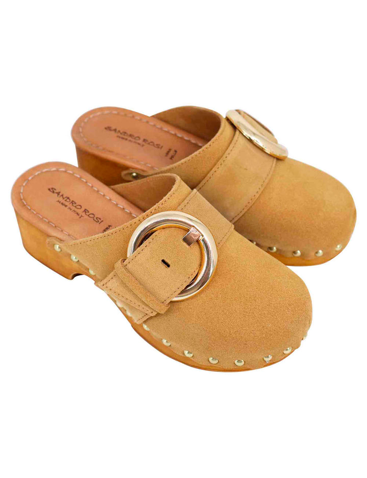 Spatarella Sabot donna in camoscio beige con fibbia laterale e tacco basso in legno Affare Del Giorno