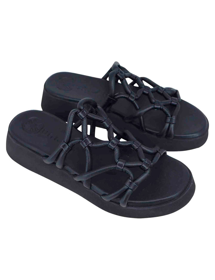 Spatarella Sandali donna in pelle nera con zeppa in gomma Convenienza