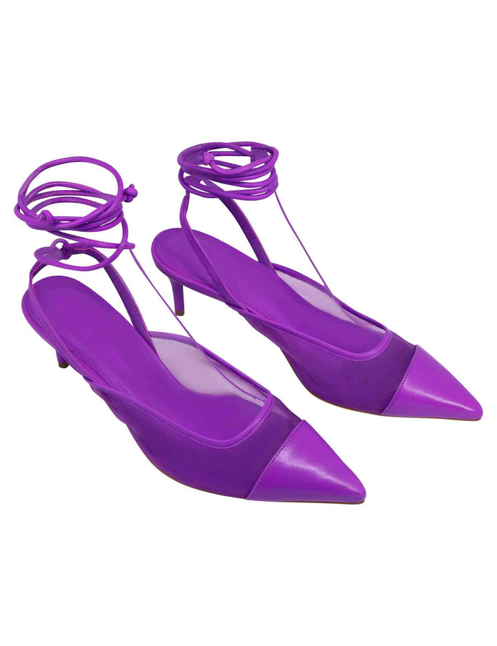 Spatarella Decollete slingback donna in rete e pelle viola con punta a punta e laccetti removibili 2025
