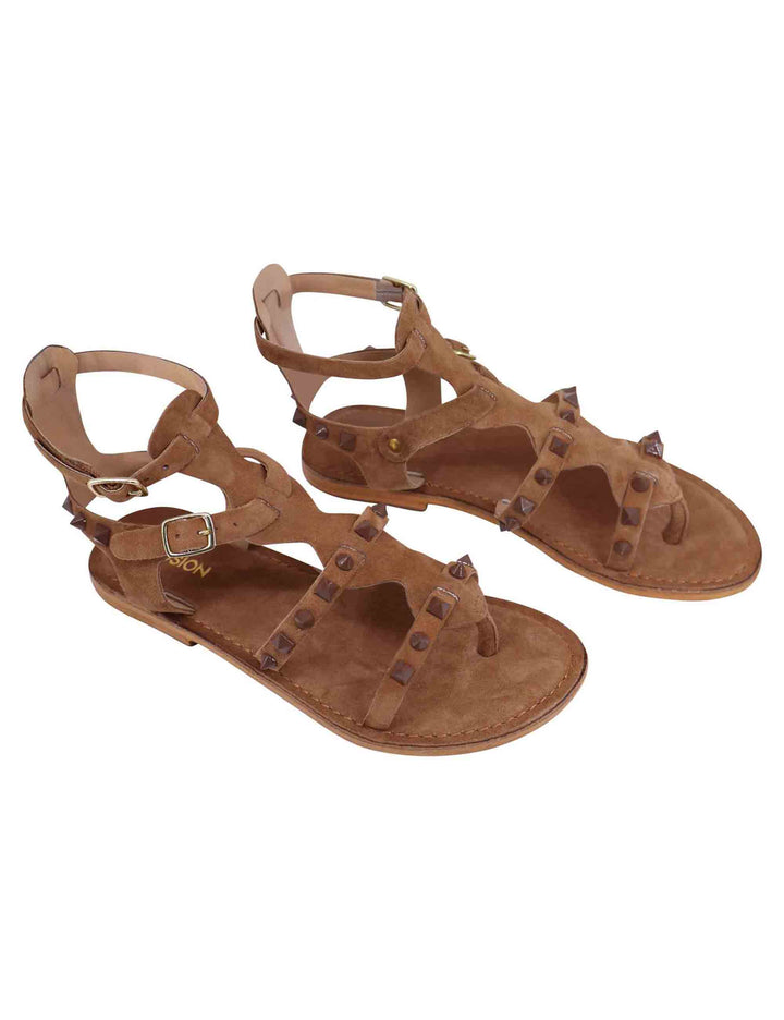 Spatarella Sandali donna gladiatore in camoscio taupe con suola bassa in cuoio Nuovo