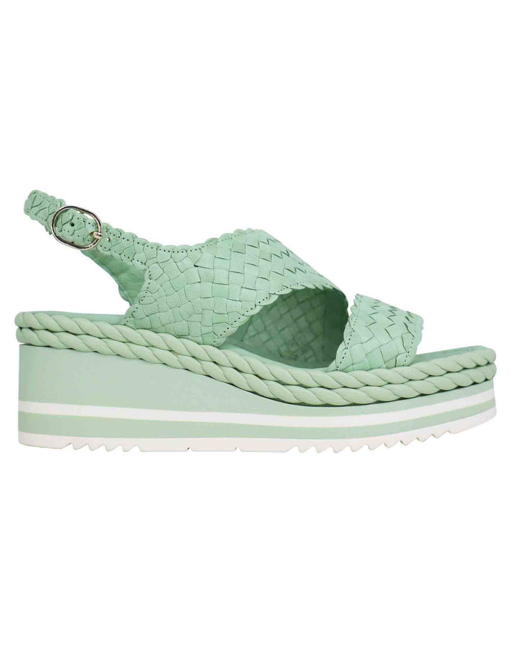 Spatarella Sandali donna in pelle intrecciata verde con zeppa in gomma Qualità