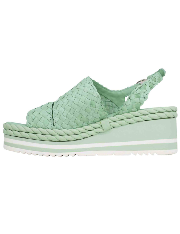Spatarella Sandali donna in pelle intrecciata verde con zeppa in gomma Qualità