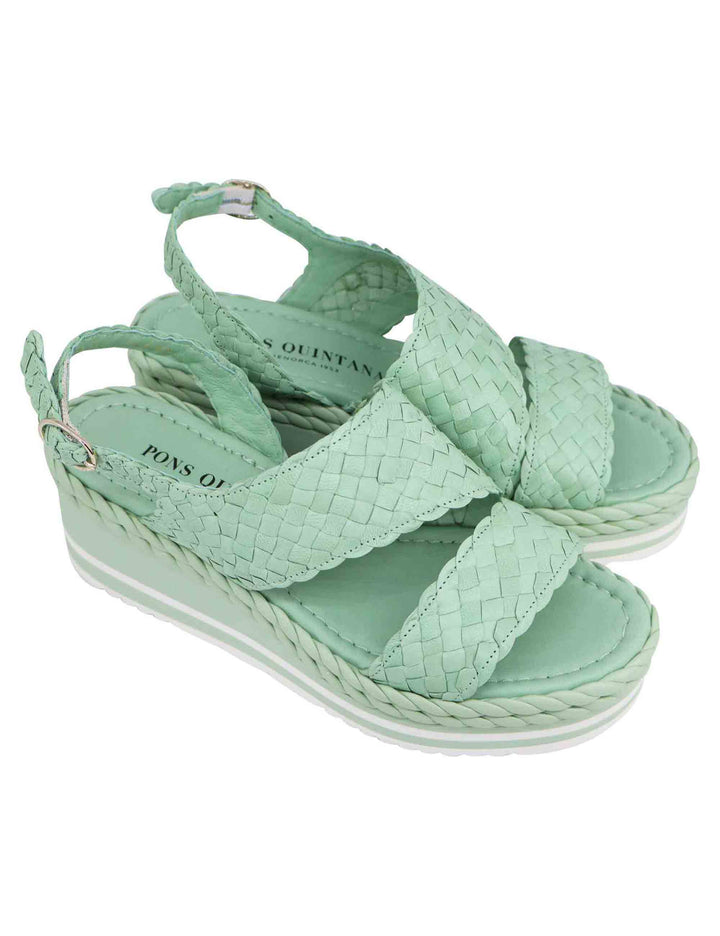 Spatarella Sandali donna in pelle intrecciata verde con zeppa in gomma Qualità