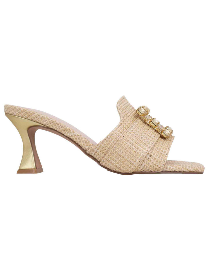 Spatarella Sandali donna in tessuto rafia beige con morsetto e tacco oro Soddisfazione Garantita
