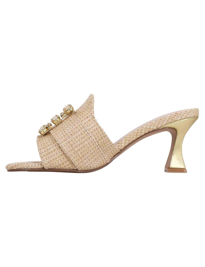 Spatarella Sandali donna in tessuto rafia beige con morsetto e tacco oro Soddisfazione Garantita