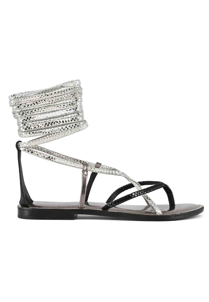 Spatarella Sandali flat donna infradito in pelle nera con lacci alla caviglia Presa
