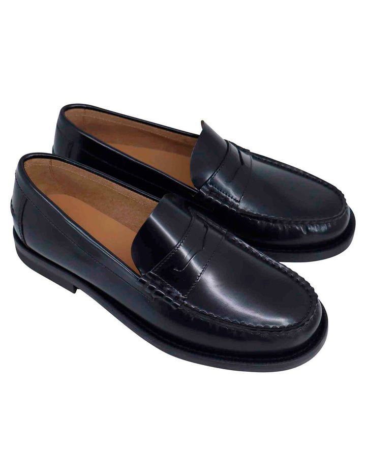Spatarella Mocassini uomo in pelle nera con suola in cuoio cucita Offerta