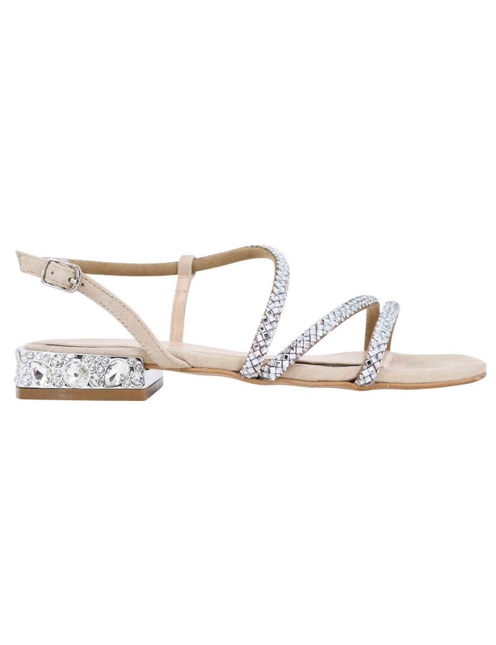 Spatarella Sandali bassi slingback donna in camoscio beige con strass e tacco gioiello Economico