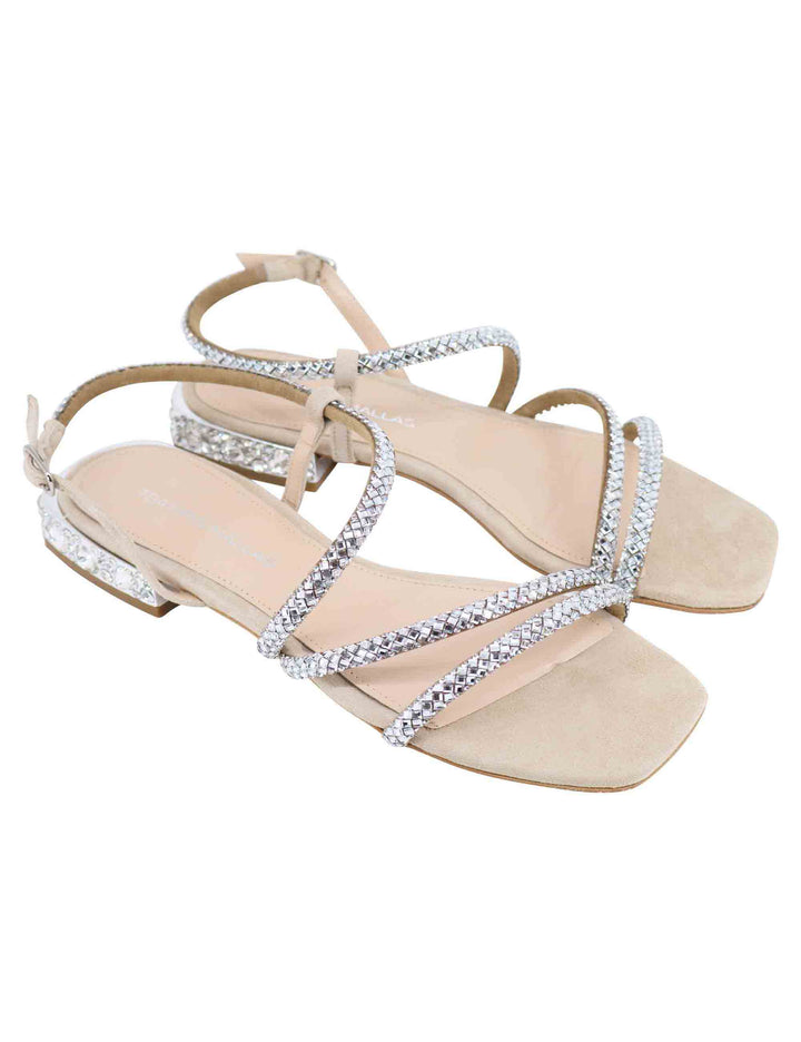 Spatarella Sandali bassi slingback donna in camoscio beige con strass e tacco gioiello Economico