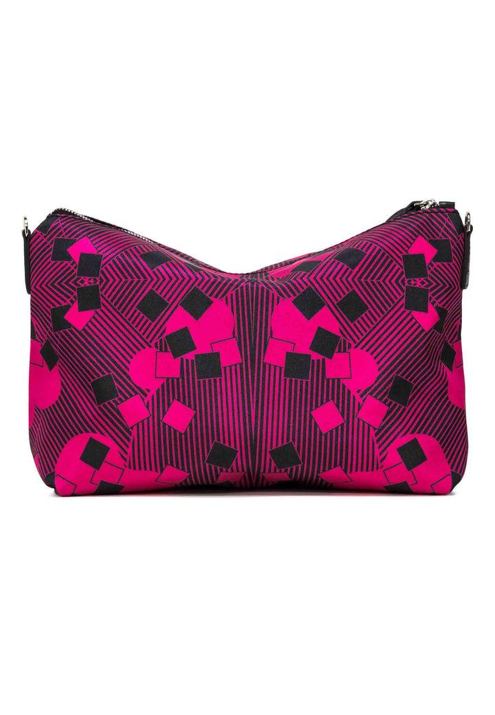 Spatarella Pochette grande donna in tessuto fuxia a fantasia con manico e tracolla in pelle Fornitura limitata