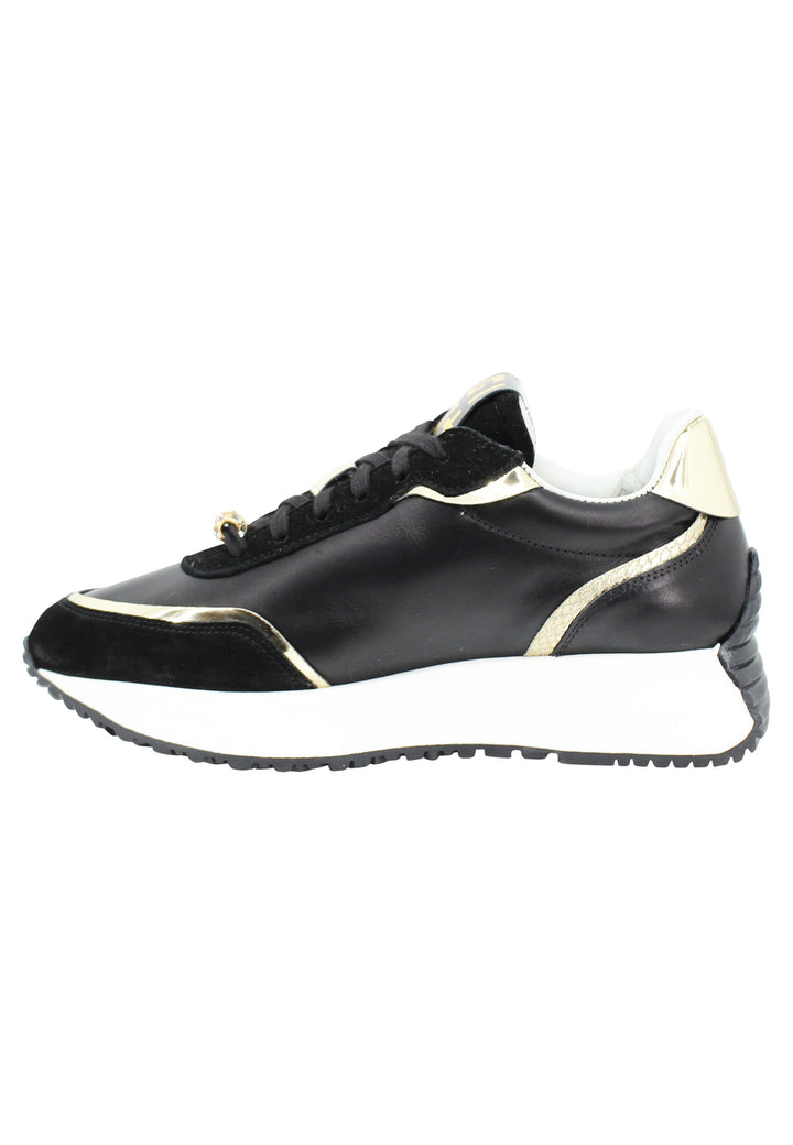 Spatarella Sneakers donna in pelle nera con riporti in pelle oro e zeppa in gomma bianca Offerta Giorno del Papà