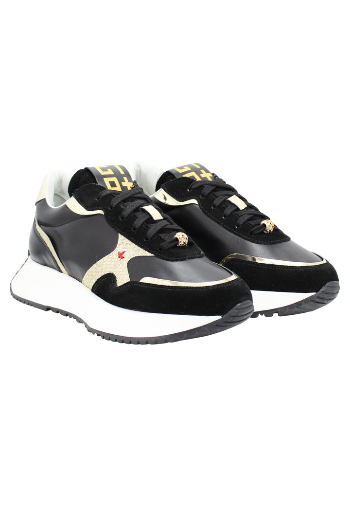 Spatarella Sneakers donna in pelle nera con riporti in pelle oro e zeppa in gomma bianca Offerta Giorno del Papà