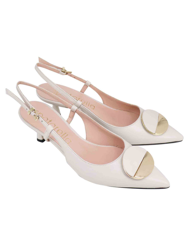 Spatarella Decollete slingback donna in pelle bianca con tacco basso e fibbia in oro Online Outlet