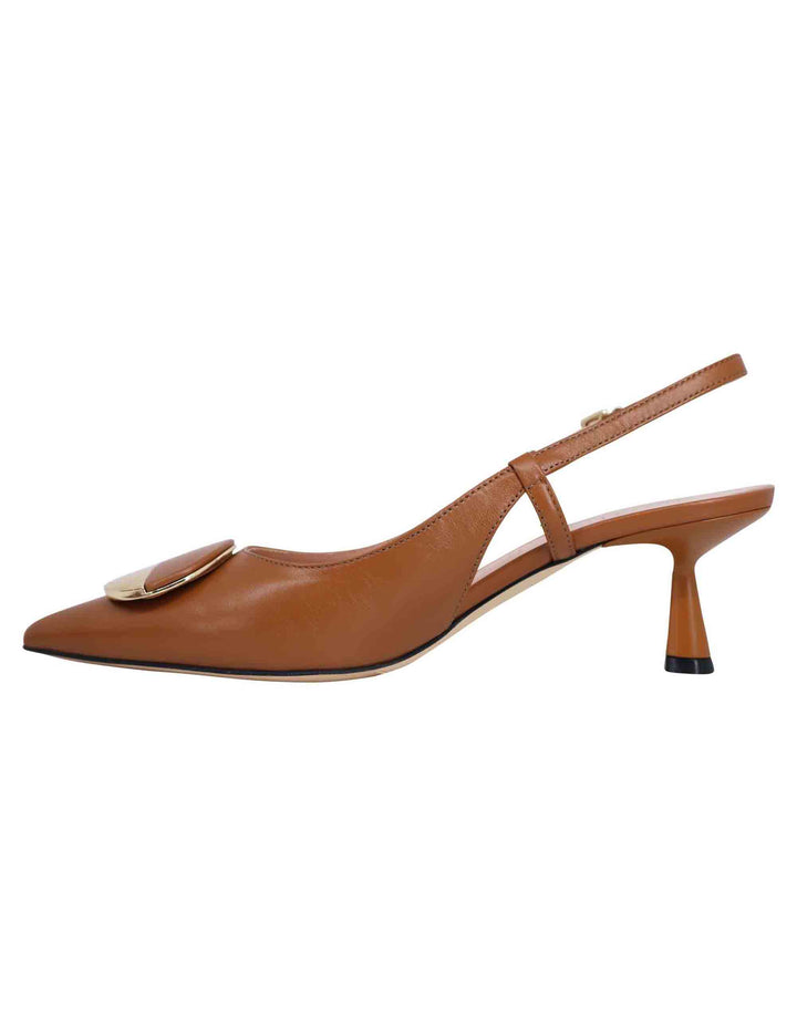 Spatarella Decollete slingback donna in pelle cuoio con tacco basso e fibbia in oro Offerte esclusive