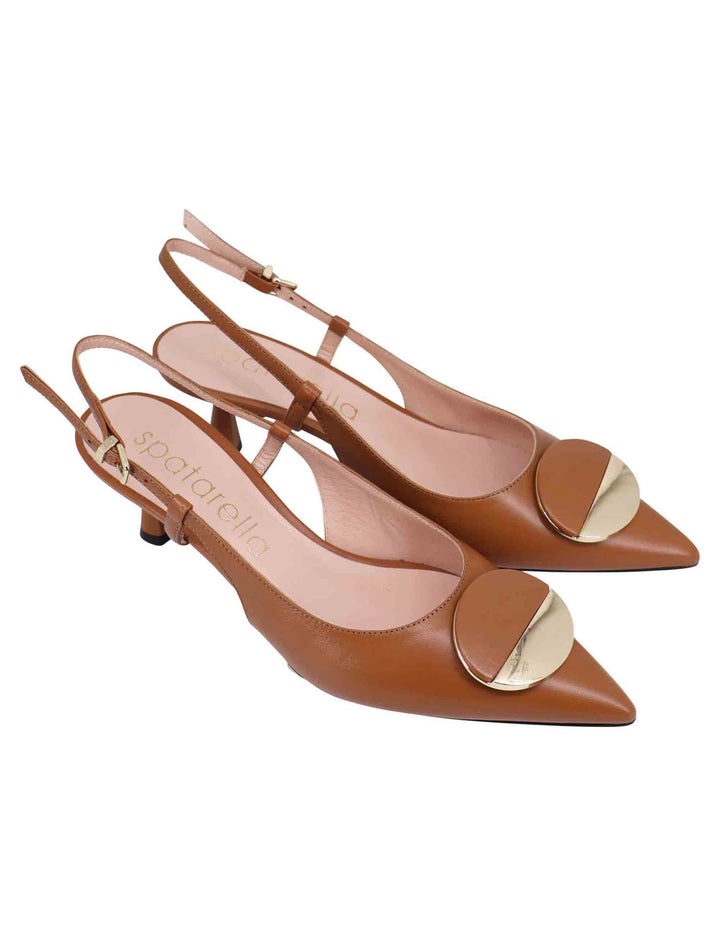 Spatarella Decollete slingback donna in pelle cuoio con tacco basso e fibbia in oro Offerte esclusive