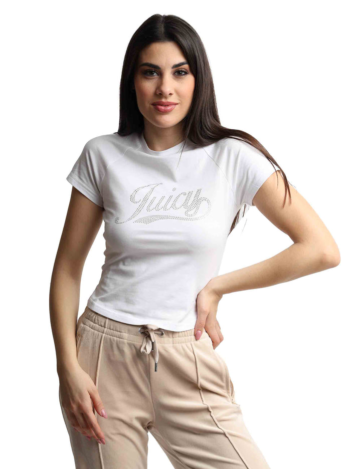 Spatarella T-shirts donna Ryder Rodeo in cotone bianco a girocollo con strass Bestseller