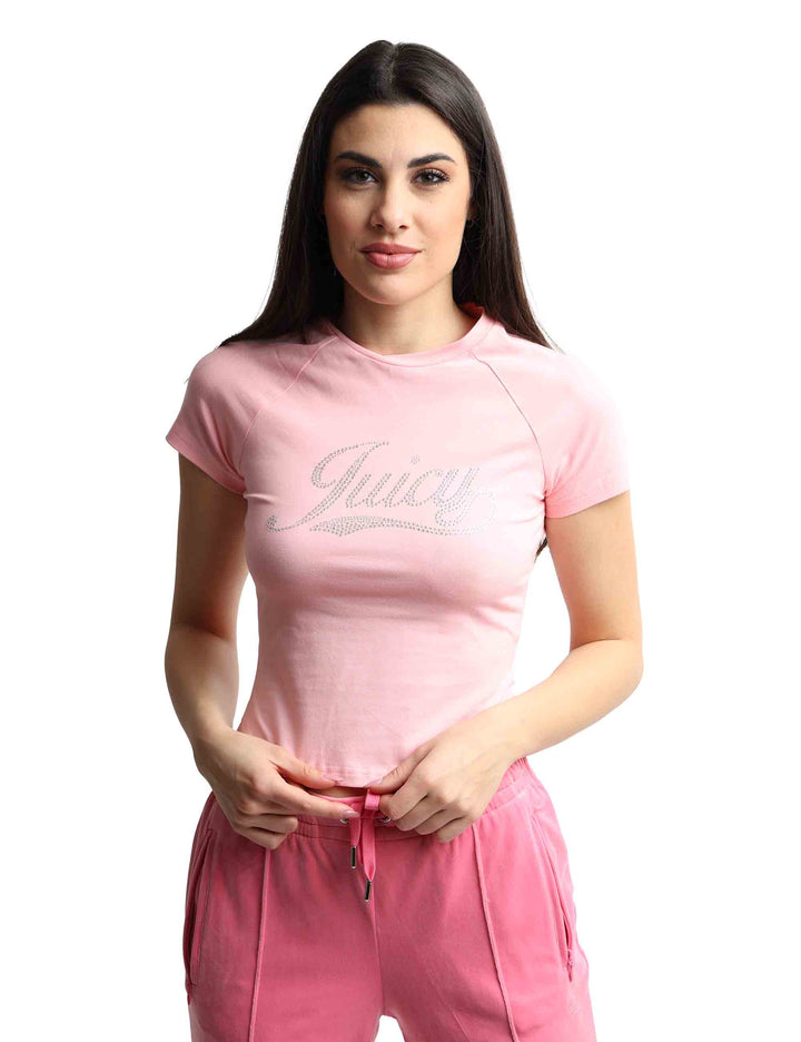 Spatarella T-shirts donna Ryder Rodeo in cotone rosa a girocollo con strass Ritorno libero