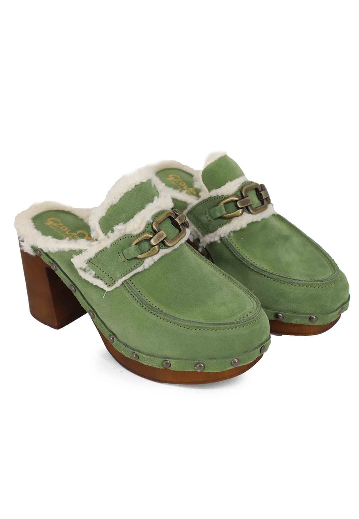 Spatarella Zoccoli donna in camoscio verde con fodera in eco fur e tacco alto ACQUISTA ORA