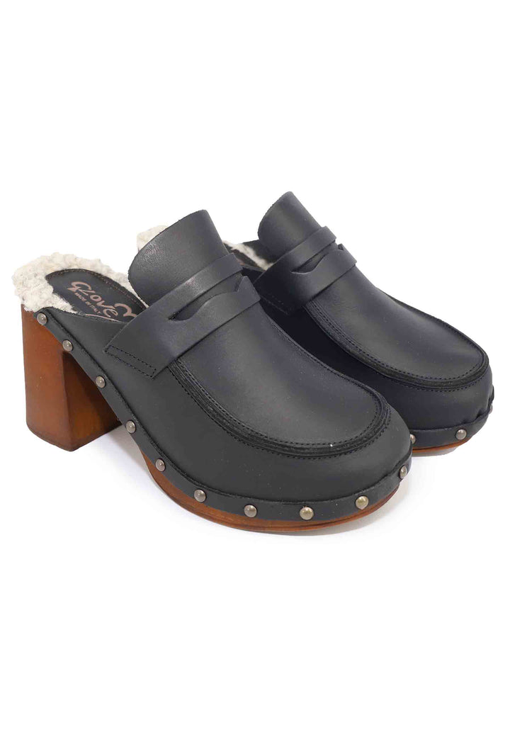 Spatarella Zoccoli donna in pelle nera con sottopiede in eco fur e tacco alto Latest stili