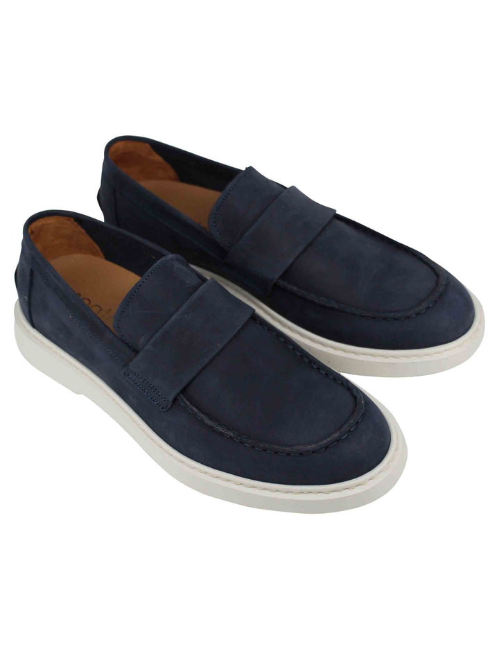 Spatarella Mocassini uomo in camoscio blu con suola in gomma bianca Duty-free