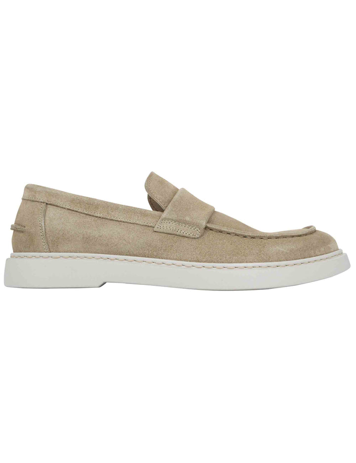 Spatarella Mocassini uomo in camoscio beige con suola in gomma bianca
