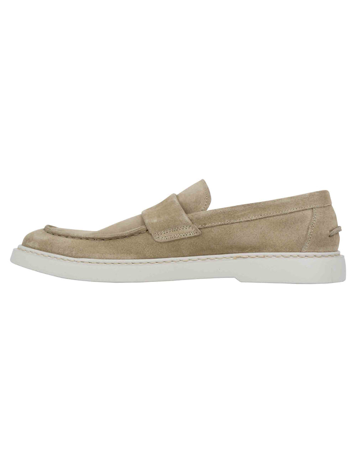 Spatarella Mocassini uomo in camoscio beige con suola in gomma bianca Sconti questo mese
