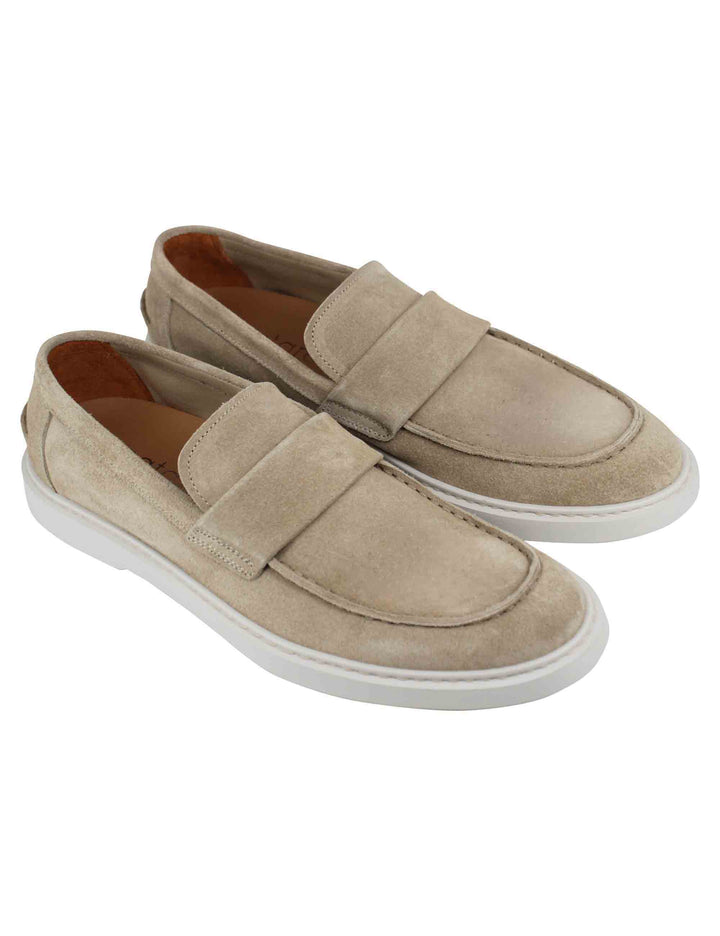 Spatarella Mocassini uomo in camoscio beige con suola in gomma bianca Sconti questo mese