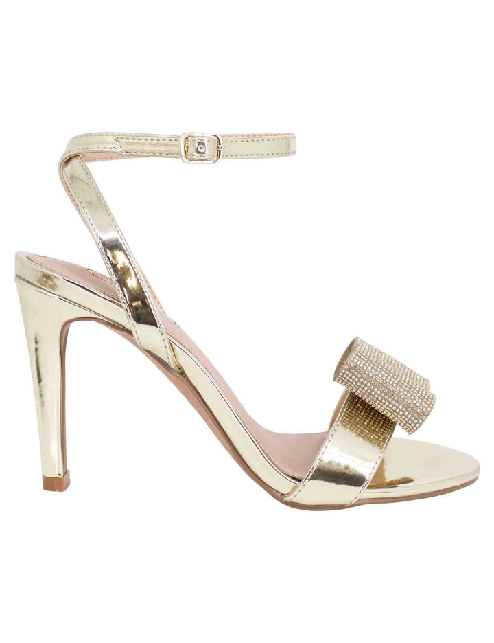 Spatarella Sandali donna in eco pelle laminata oro con tacco alto e strass
