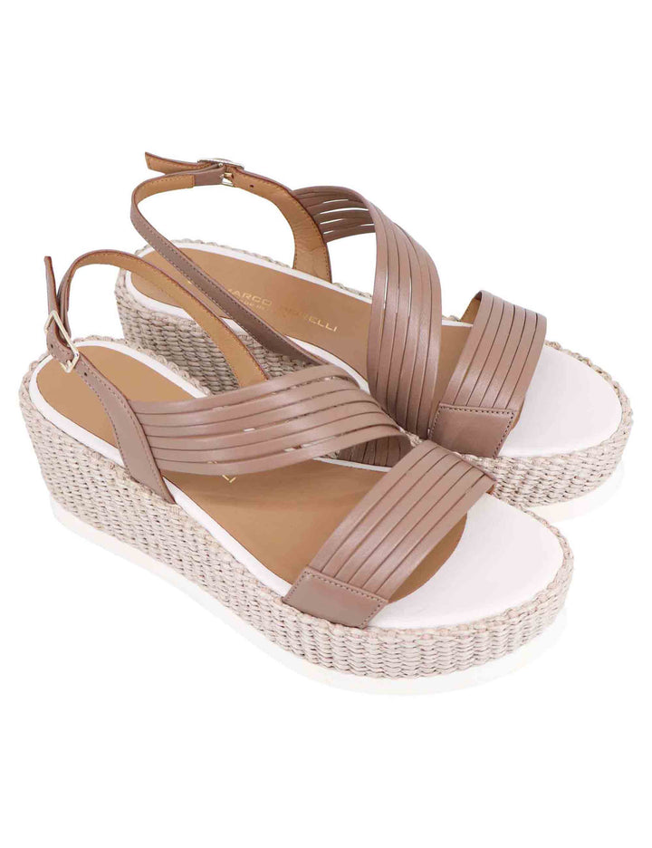 Spatarella Sandali slingback donna in pelle taupe con zeppa bassa fasciata in tessuto Sconto