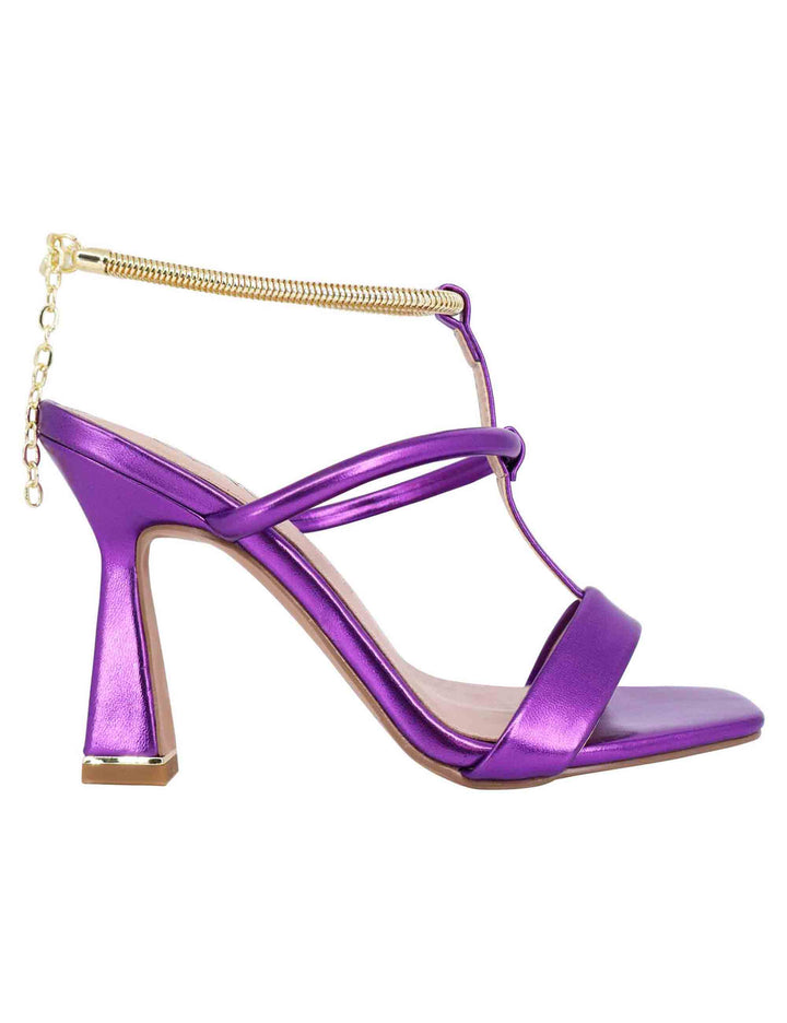 Spatarella Sandali donna in eco pelle viola con tacco alto e cavigliera morbida in oro