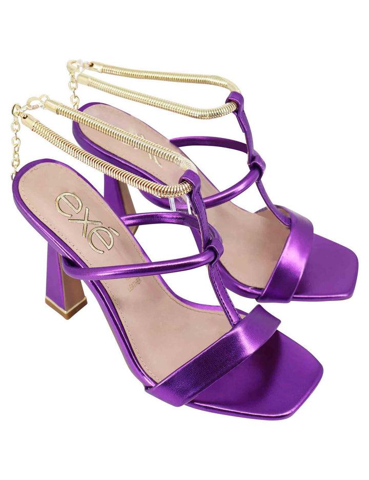 Spatarella Sandali donna in eco pelle viola con tacco alto e cavigliera morbida in oro Offerta