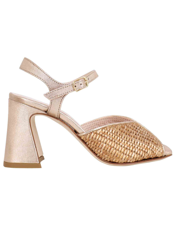 Spatarella Sandali donna in pelle oro laminata con tacco alto e cinturino alla caviglia