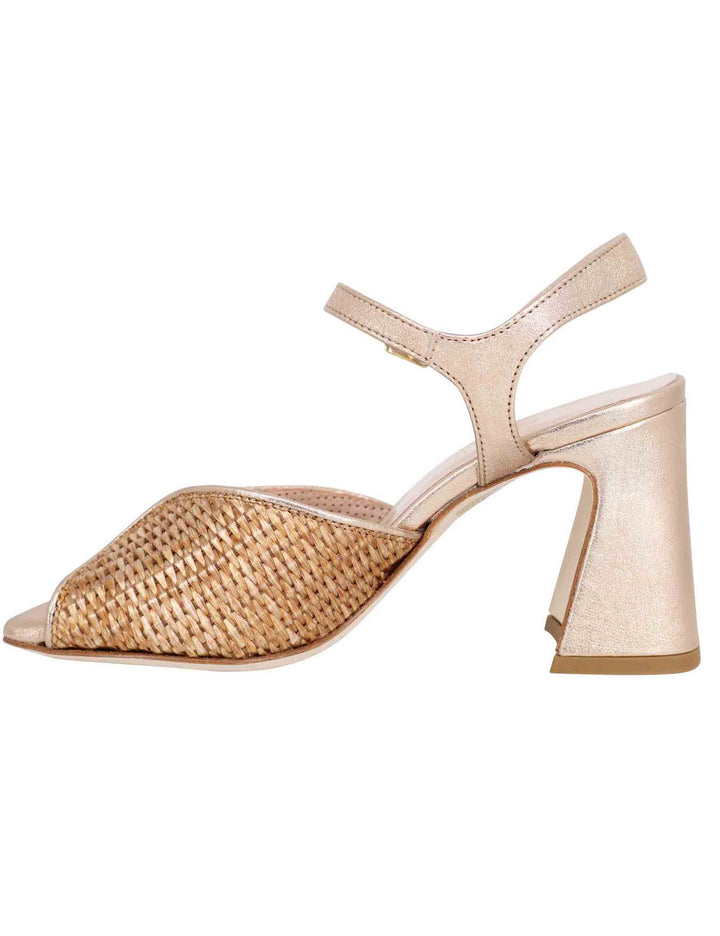 Spatarella Sandali donna in pelle oro laminata con tacco alto e cinturino alla caviglia Economico