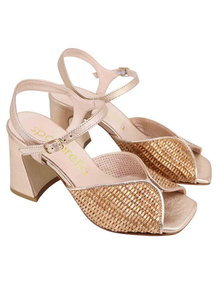 Spatarella Sandali donna in pelle oro laminata con tacco alto e cinturino alla caviglia Economico