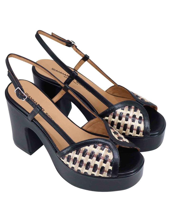 Spatarella Sandali donna slingback in pelle nera bicolore con tacco alto e plateau In Vendita